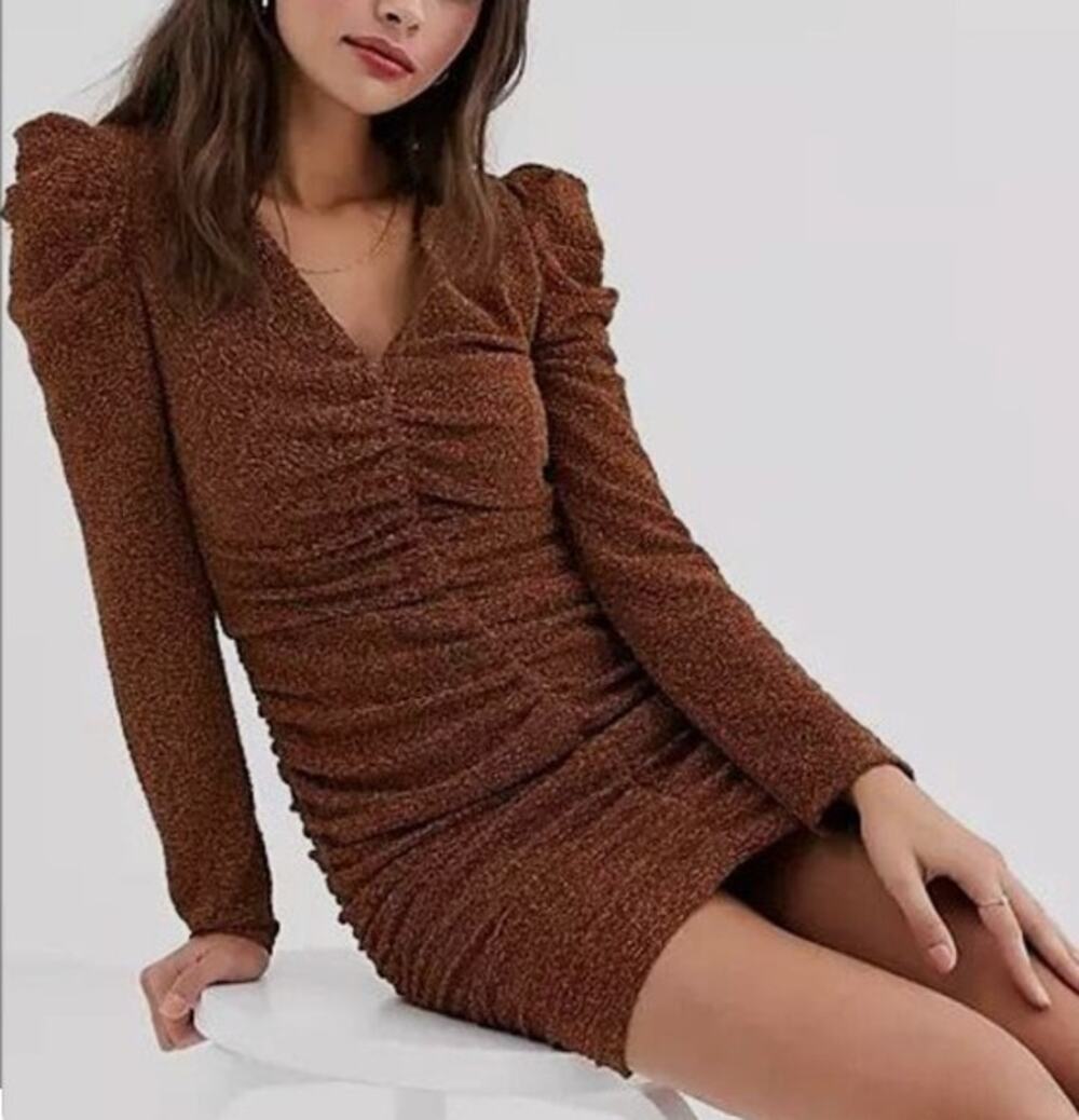 READ Moon River Ruched Metallic Mini Dress Womens XS Copper Puff Sleeve Party